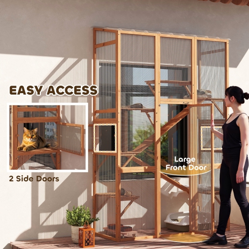 PawHut Catio Outdoor Cat Enclosure, Large Wooden Cat House with 6 Platforms, Scratching Post, 2 Ramps, Waterproof Roof, Walk-in Kitty Cage for 2–3