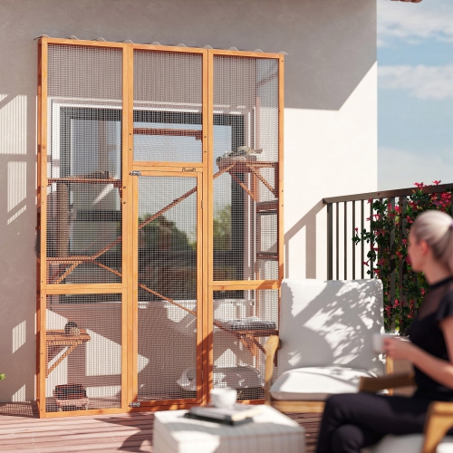 PawHut Catio Outdoor Cat Enclosure, Large Wooden Cat House with 6 Platforms, Scratching Post, 2 Ramps, Waterproof Roof, Walk-in Kitty Cage for 2–3