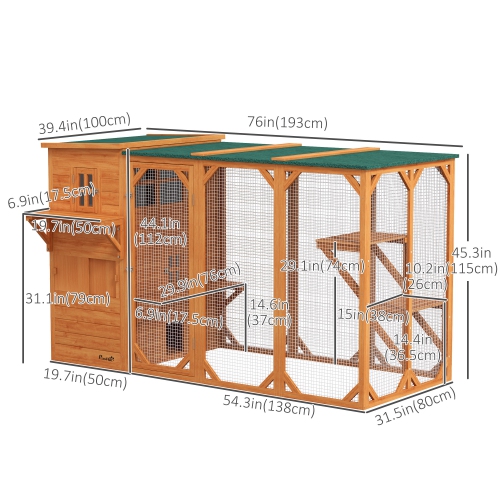 PawHut Wooden Cat Catio, 76"L Walk in Outdoor Cat House with Asphalt Roof, Platforms, Lockable Doors, 3-tier Resting Condo, Observation Window, for