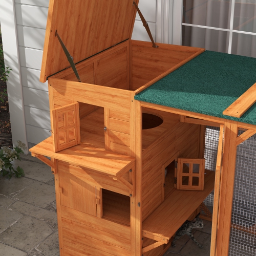 PawHut Wooden Cat Catio, 76"L Walk in Outdoor Cat House with Asphalt Roof, Platforms, Lockable Doors, 3-tier Resting Condo, Observation Window, for