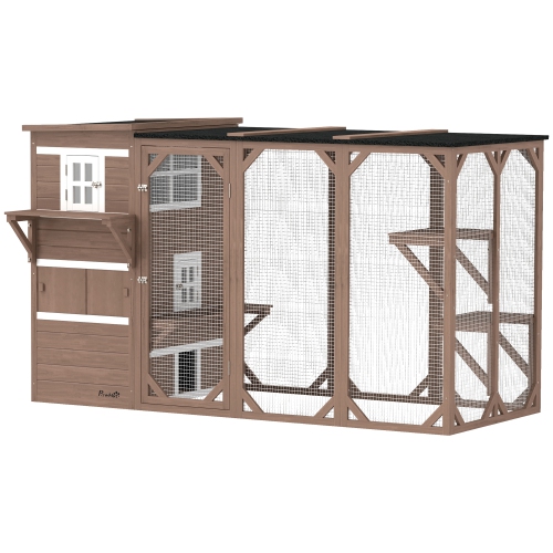 PawHut Wooden Cat Catio, 76"L Walk in Outdoor Cat House with Asphalt Roof, Platforms, Lockable Doors, 3-tier Resting Condo, Observation Window, for