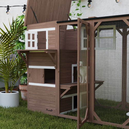 PawHut Wooden Cat Catio, 76"L Walk in Outdoor Cat House with Asphalt Roof, Platforms, Lockable Doors, 3-tier Resting Condo, Observation Window, for