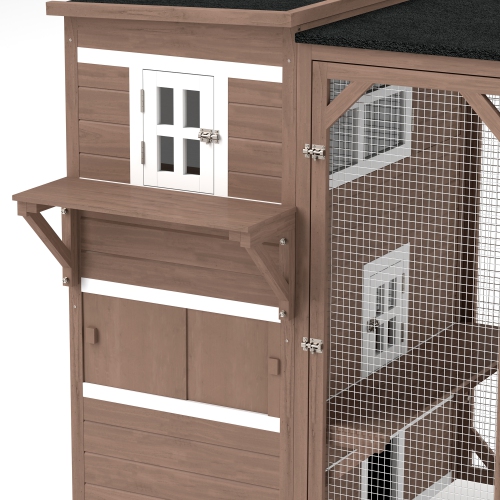PawHut Wooden Cat Catio, 76"L Walk in Outdoor Cat House with Asphalt Roof, Platforms, Lockable Doors, 3-tier Resting Condo, Observation Window, for