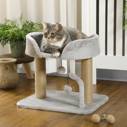PawHut Cat Tree, 16.5" Small Cat Tower Condo for Indoor Cats with Jute Scratching Posts, Top Perch, Dangling Balls, Cat Activity Centre, Grey