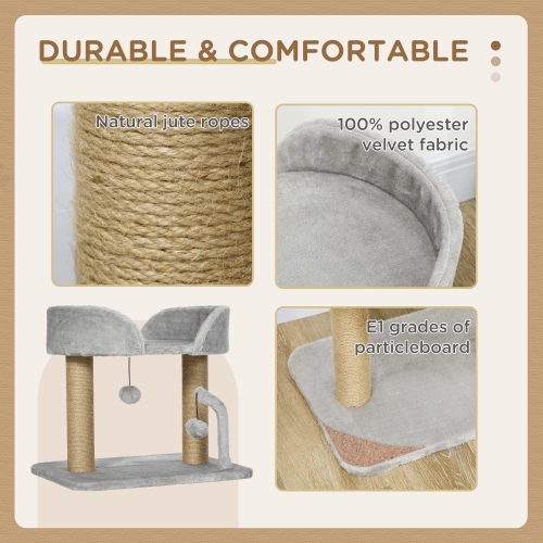 PawHut Cat Tree, 16.5" Small Cat Tower Condo for Indoor Cats with Jute Scratching Posts, Top Perch, Dangling Balls, Cat Activity Centre, Grey