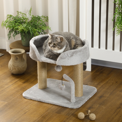 PawHut Cat Tree, 16.5" Small Cat Tower Condo for Indoor Cats with Jute Scratching Posts, Top Perch, Dangling Balls, Cat Activity Centre, Grey