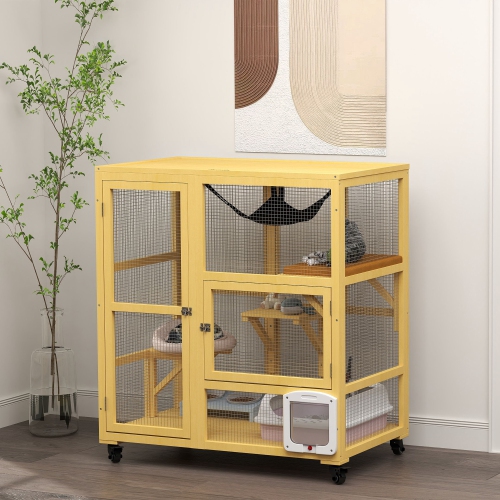 PawHut Wooden Cat House for Indoor 3 Levels Cat Condo Villa on Wheels with Flap Door Platforms Hammock Openable Top for 2 Kittens, Yellow