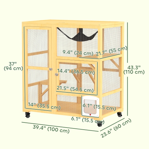 PawHut Wooden Cat House for Indoor 3 Levels Cat Condo Villa on Wheels with Flap Door Platforms Hammock Openable Top for 2 Kittens, Yellow