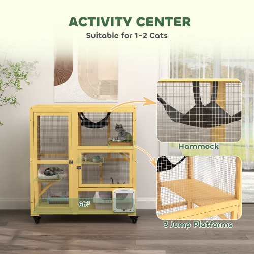 PawHut Wooden Cat House for Indoor 3 Levels Cat Condo Villa on Wheels with Flap Door Platforms Hammock Openable Top for 2 Kittens, Yellow