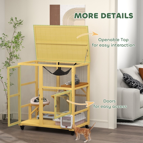 PawHut Wooden Cat House for Indoor 3 Levels Cat Condo Villa on Wheels with Flap Door Platforms Hammock Openable Top for 2 Kittens, Yellow