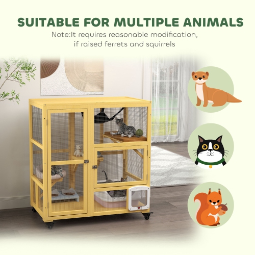 PawHut Wooden Cat House for Indoor 3 Levels Cat Condo Villa on Wheels with Flap Door Platforms Hammock Openable Top for 2 Kittens, Yellow