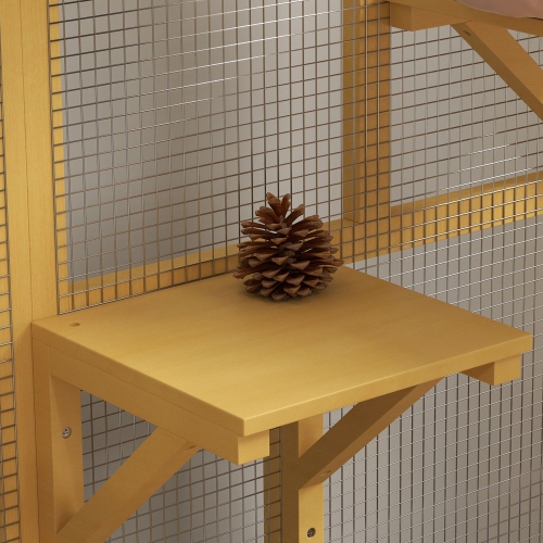 PawHut Wooden Cat House for Indoor 3 Levels Cat Condo Villa on Wheels with Flap Door Platforms Hammock Openable Top for 2 Kittens, Yellow