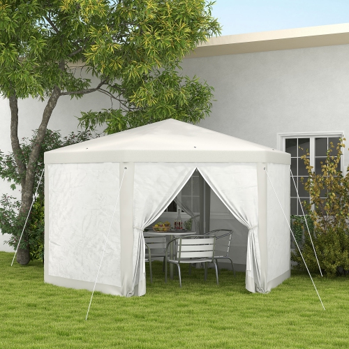 Outsunny Φ13' Hexagon Party Tent Patio Gazebo Outdoor Activity Event Canopy Quick Sun Shelter Pavilion with Netting Mesh Sidewall Cream White
