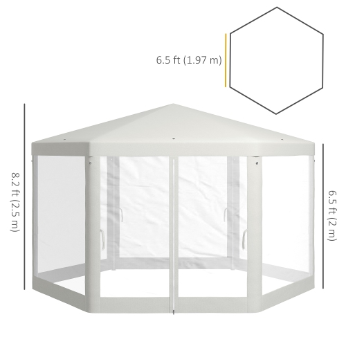 Outsunny Φ13' Hexagon Party Tent Patio Gazebo Outdoor Activity Event Canopy Quick Sun Shelter Pavilion with Netting Mesh Sidewall Cream White