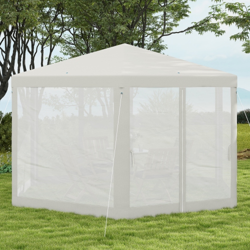 Outsunny Φ13' Hexagon Party Tent Patio Gazebo Outdoor Activity Event Canopy Quick Sun Shelter Pavilion with Netting Mesh Sidewall Cream White