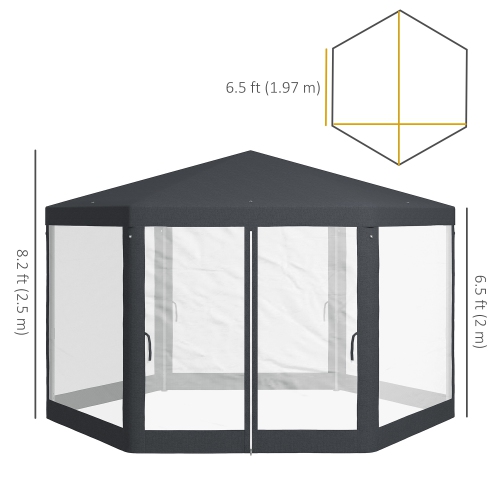 Outsunny Φ13' Hexagon Party Tent Patio Gazebo Outdoor Activity Event Canopy Quick Sun Shelter Pavilion with Netting Mesh Sidewall Dark Grey