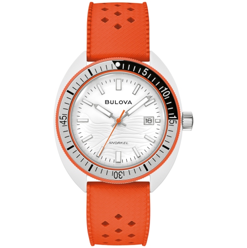 Bulova Mens Snorkel Quartz Watch 41mm White Hybrid-Ceramic Case Orange HNBR Rubber Strap with White Dial