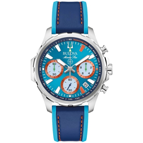Montre à quartz pour hommes E1 Team Miami Special Edition de Bulova 43&nbsp;mm boîtier inox argenté cuir deux tons et bracelet en silicone avec