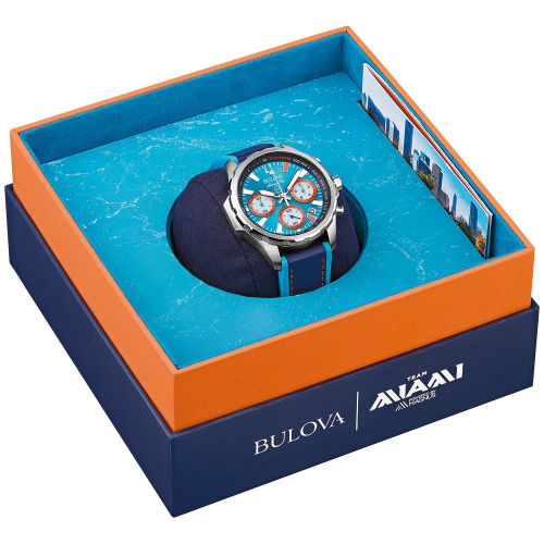 Montre à quartz pour hommes E1 Team Miami Special Edition de Bulova 43 mm boîtier inox argenté cuir deux tons et bracelet en silicone avec