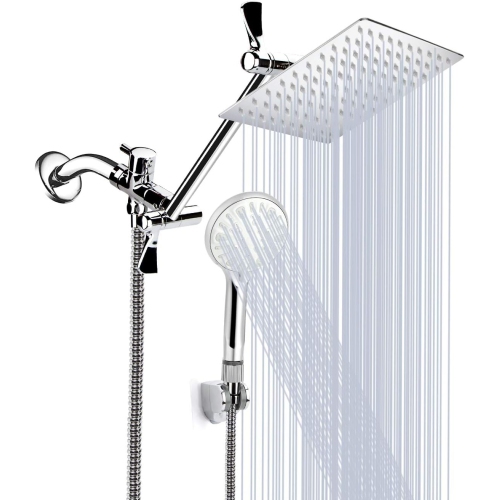 Pomme de douche à haute pression de 8&nbsp;po avec pomme de douche à main et bras d'extension de 11&nbsp;po, pomme de douche antifuite réglable à 9 r