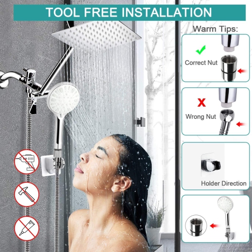 8 Inch Shower Head High Pressure Rainfall Shower Head/Handheld Shower Combo with 11 Inch Extension Arm, 9 Settings Adjustable Anti-leak Shower Head