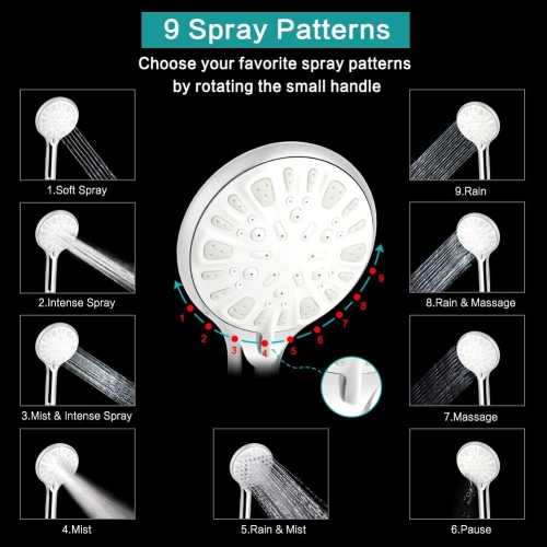 8 Inch Shower Head High Pressure Rainfall Shower Head/Handheld Shower Combo with 11 Inch Extension Arm, 9 Settings Adjustable Anti-leak Shower Head