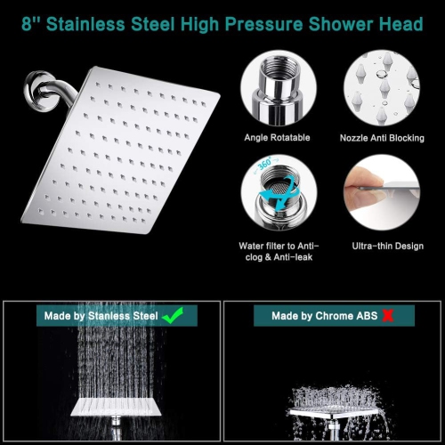 8 Inch Shower Head High Pressure Rainfall Shower Head/Handheld Shower Combo with 11 Inch Extension Arm, 9 Settings Adjustable Anti-leak Shower Head