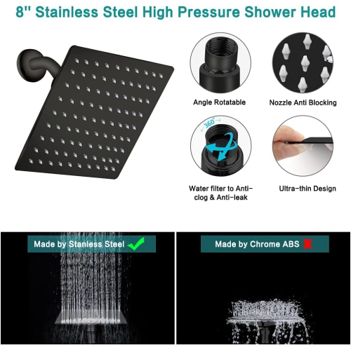 8‘’ Shower Head High Pressure Rainfall/Handheld Shower Combo with 11'' Extension Arm, 9 Settings, Anti-Leak Shower Head with Holder, Height/Angle