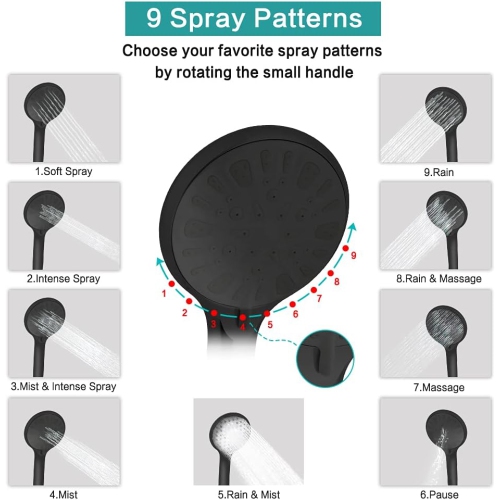 8‘’ Shower Head High Pressure Rainfall/Handheld Shower Combo with 11'' Extension Arm, 9 Settings, Anti-Leak Shower Head with Holder, Height/Angle