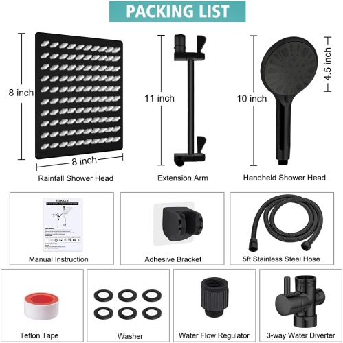 8‘’ Shower Head High Pressure Rainfall/Handheld Shower Combo with 11'' Extension Arm, 9 Settings, Anti-Leak Shower Head with Holder, Height/Angle