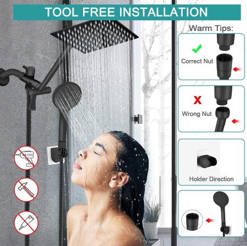 8‘’ Shower Head High Pressure Rainfall/Handheld Shower Combo with 11'' Extension Arm, 9 Settings, Anti-Leak Shower Head with Holder, Height/Angle