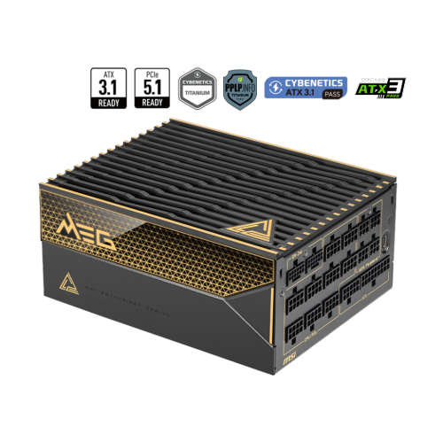 MSI – Bloc d'alimentation MEG Ai1600T PCIE5, 1600&nbsp;W avec 80 Plus Titanium, deux câbles 600&nbsp;W PCIe v5.1 à 16 broches, câbles tressés