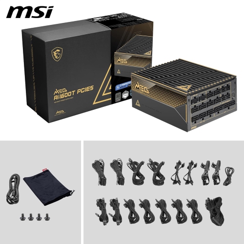 MSI MEG Ai1600T PCIE5, 80 Plus Titanium Full Modular 1600W Power Supply, 12V-2x6 Cable, ATX 3.1 & PCIE 5.1 Ready, Braided Cables, 12 years warranty