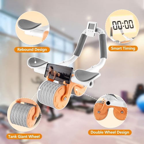 Automatic Rebound Abdominal Wheel, Excercise Ab Roller Wheel with Elbow Support, Phone Holder, Timer, Anti-Slip Pad