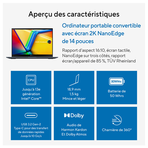 Portable professionnel à écran tactile 14 po Vivobook S 14 Flip d'ASUS - Bleu calme (Ci7-13620H d'Intel/RAM 16 Go/SSD 1 To)