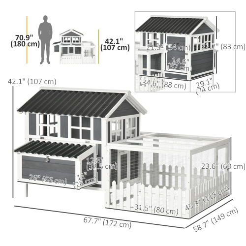 PawHut 68" Wooden Chicken Coop, Outdoor Rabbit Hutch with Run, Tray, Nesting Box, Removable Tray, Fence for 1-2 Chicken, Bunnies, Ducks, Charcoal Grey