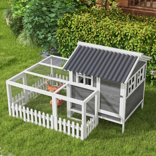 PawHut 68" Wooden Chicken Coop, Outdoor Rabbit Hutch with Run, Tray, Nesting Box, Removable Tray, Fence for 1-2 Chicken, Bunnies, Ducks, Charcoal Grey
