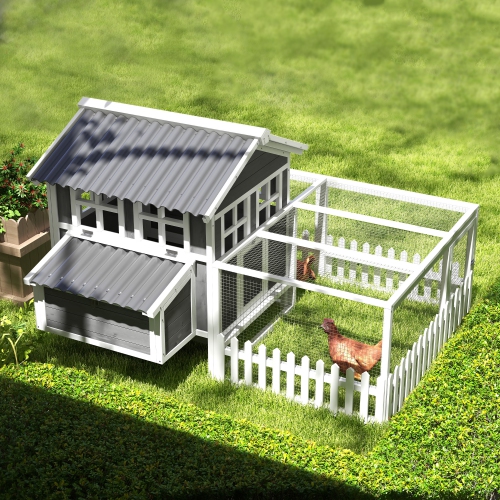 PawHut 68" Wooden Chicken Coop, Outdoor Rabbit Hutch with Run, Tray, Nesting Box, Removable Tray, Fence for 1-2 Chicken, Bunnies, Ducks, Charcoal Grey