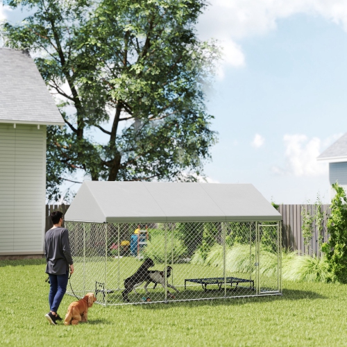 PawHut Large Dog Kennel with Roof and Safety Lockable Latch, Heavy-Duty Galvanized Steel Dog Run Chain Link w/ Waterproof UV-Resistant Cover, 13.1' x