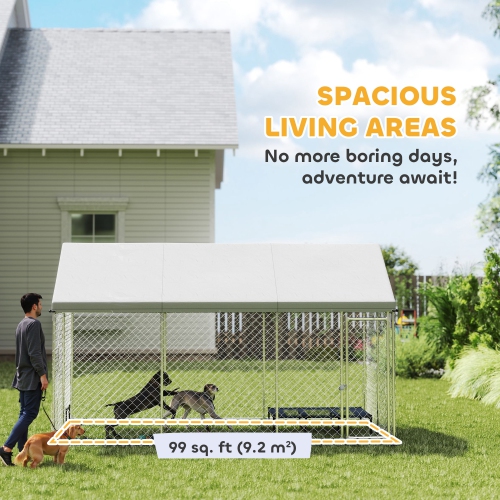 PawHut Large Dog Kennel with Roof and Safety Lockable Latch, Heavy-Duty Galvanized Steel Dog Run Chain Link w/ Waterproof UV-Resistant Cover, 13.1' x