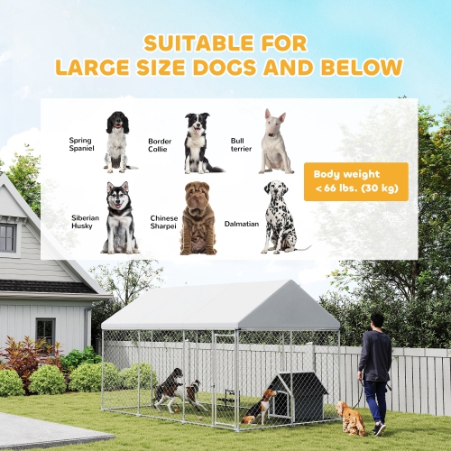 PawHut Large Dog Kennel with Roof and Safety Lockable Latch, Heavy-Duty Galvanized Steel Dog Run Chain Link w/ Waterproof UV-Resistant Cover, 13.1' x