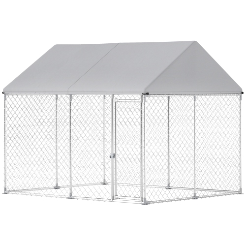 PAWHUT  Outdoor Dog Kennel \w Roof, Heavy Duty Galvanized Steel Dog Run Chain Link W/ Waterproof Uv-Resistant Cover, Safety Lockable Latch System