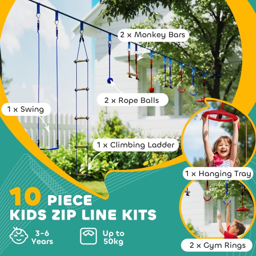 Qaba 32.8ft Ninja Zipline, Slackline Warrior Obstacle Course for Kids with Monkey Bars, Swing, Climbing Ladder, Gym Rings, Gripping Balls, Hanging