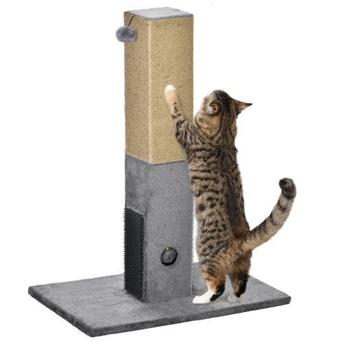 PawHut Cat Scratching Post, 31" Tall Cat Scratcher for Indoor Cats, Natural Sisal Cat Scratch Post with Hanging Balls, Grooming Brushes, Stable Base,