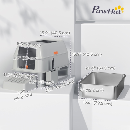 PawHut Stainless Steel Cat Litter Box with Lid, Metal Litter Pan Tray with High Sided, Scoop, 34.5L, Easy Clean, Non-Sticky & Anti-Leakage, Light Grey