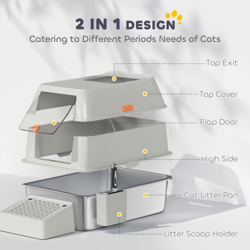 PawHut Stainless Steel Cat Litter Box with Lid, Metal Litter Pan Tray with High Sided, Scoop, 34.5L, Easy Clean, Non-Sticky & Anti-Leakage, Light Grey