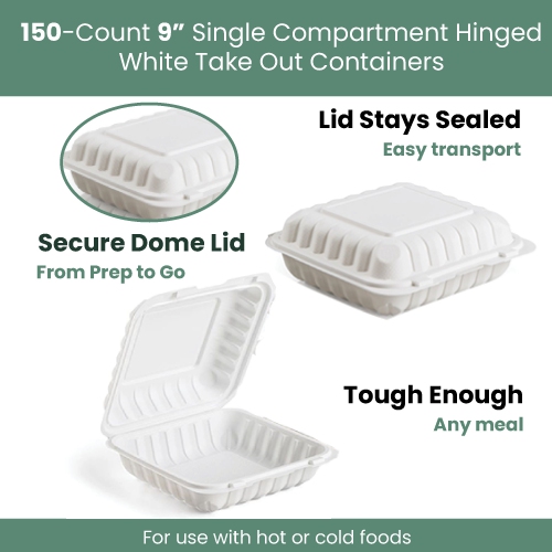 150-Count Single Compartment Hinged White Meal Prep/Take Out Containers - 9"