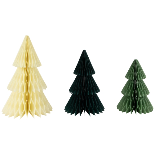 Accordion Honeycomb Foldable Paper Christmas Trees - 15" - Green and Ivory - Set of 3