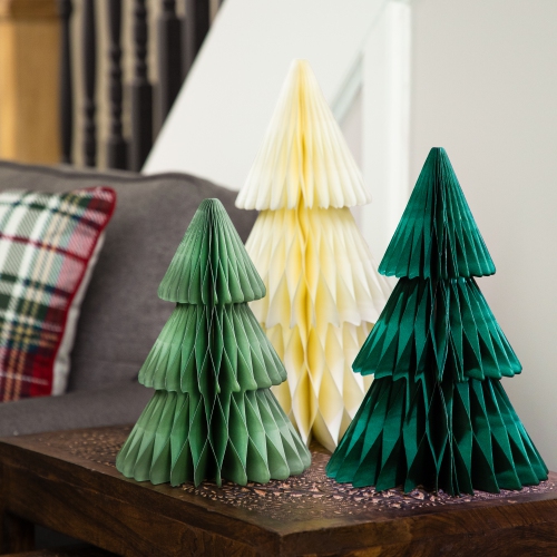 Accordion Honeycomb Foldable Paper Christmas Trees - 15" - Green and Ivory - Set of 3