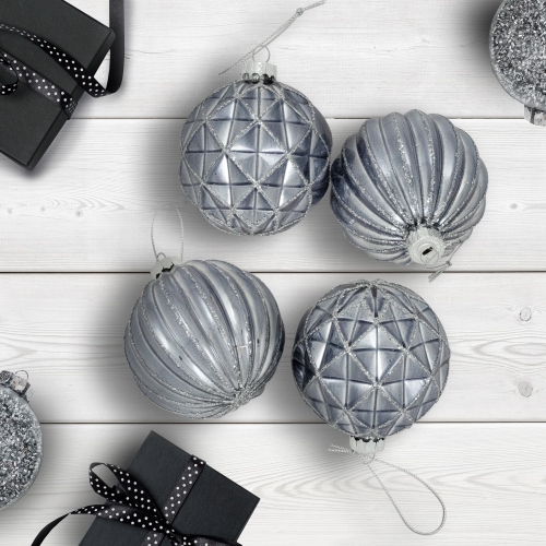 Image 1 of 6.. Geometric Glittered Shiny Glass Ball Christmas Ornaments - 3" - Pewter - 4ct